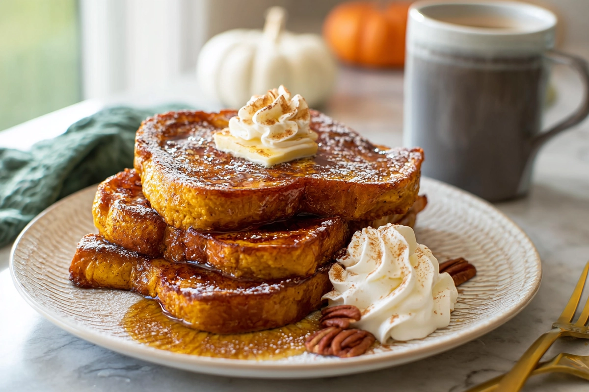 stack of 6 ingredient pumpkin french toast with maple syrup and powdered sugar on a white plate in bright modern kitchen