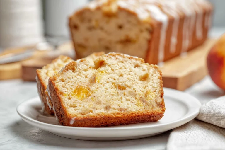 slice of heavenly peach bread with vanilla glaze on white plate in modern kitchen