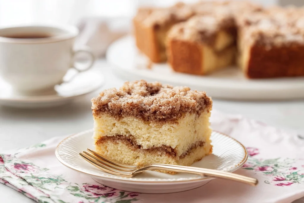 slice of coffee cake with cinnamon swirl on plate in modern kitchen
