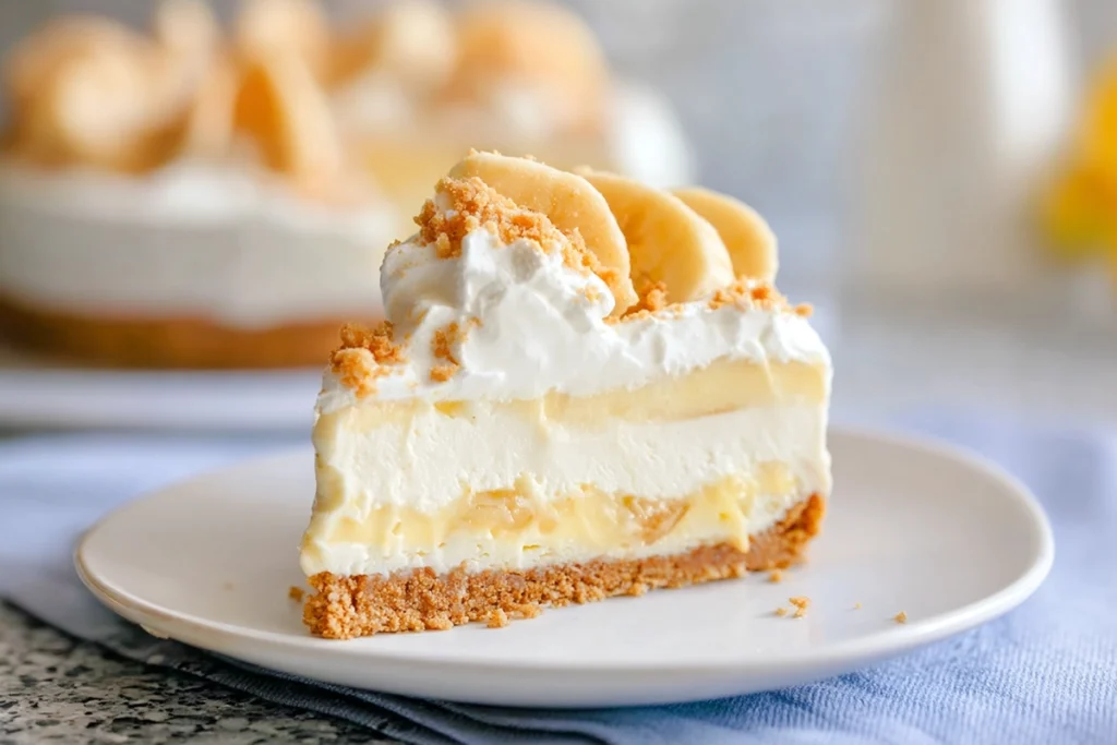 slice of no-bake banana pudding cheesecake served on white plate