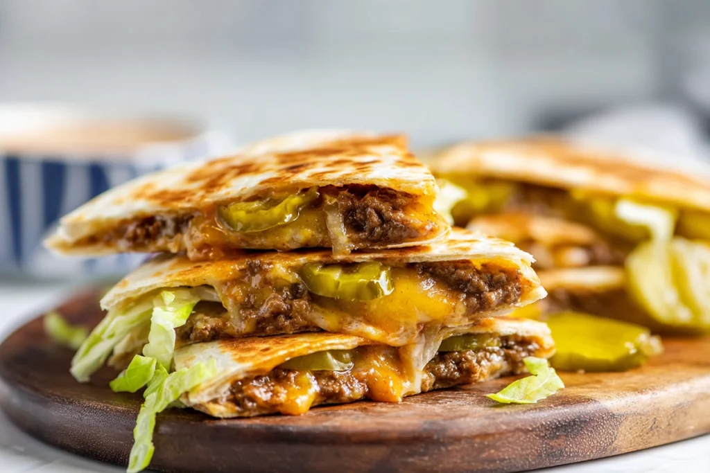Close-up of sliced Smashburger Quesadillas showing melted cheese and crispy beef inside