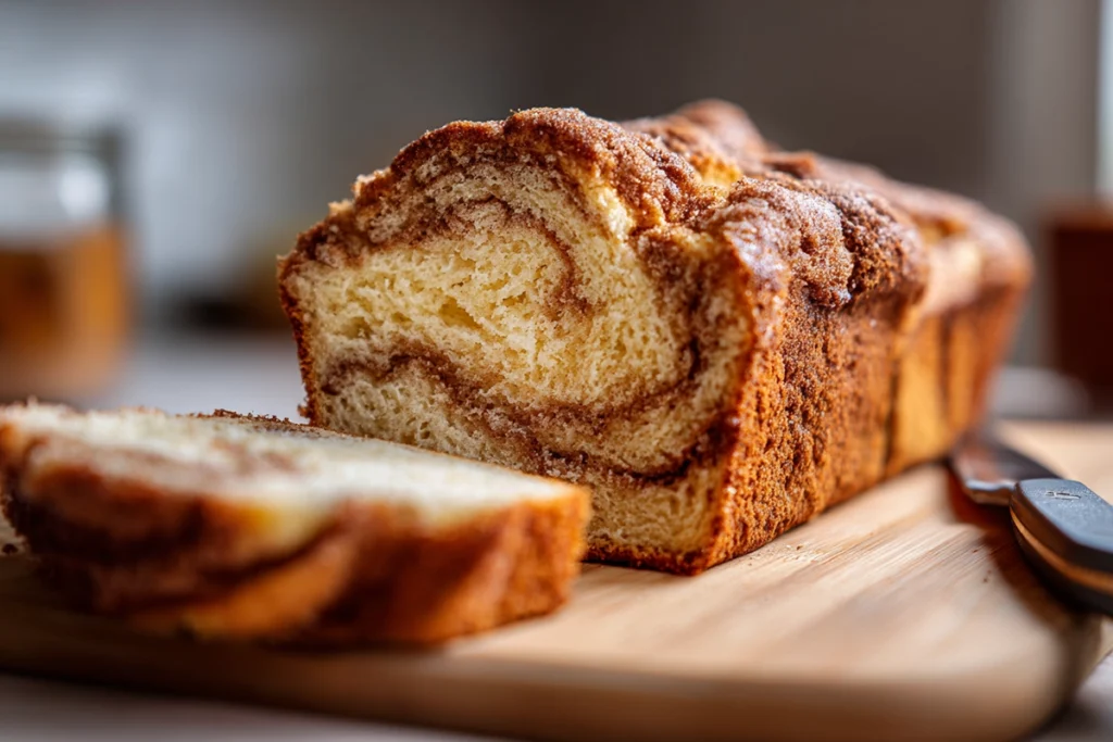 sliced cinnamon donut bread on wooden board in modern kitchen with natural light
