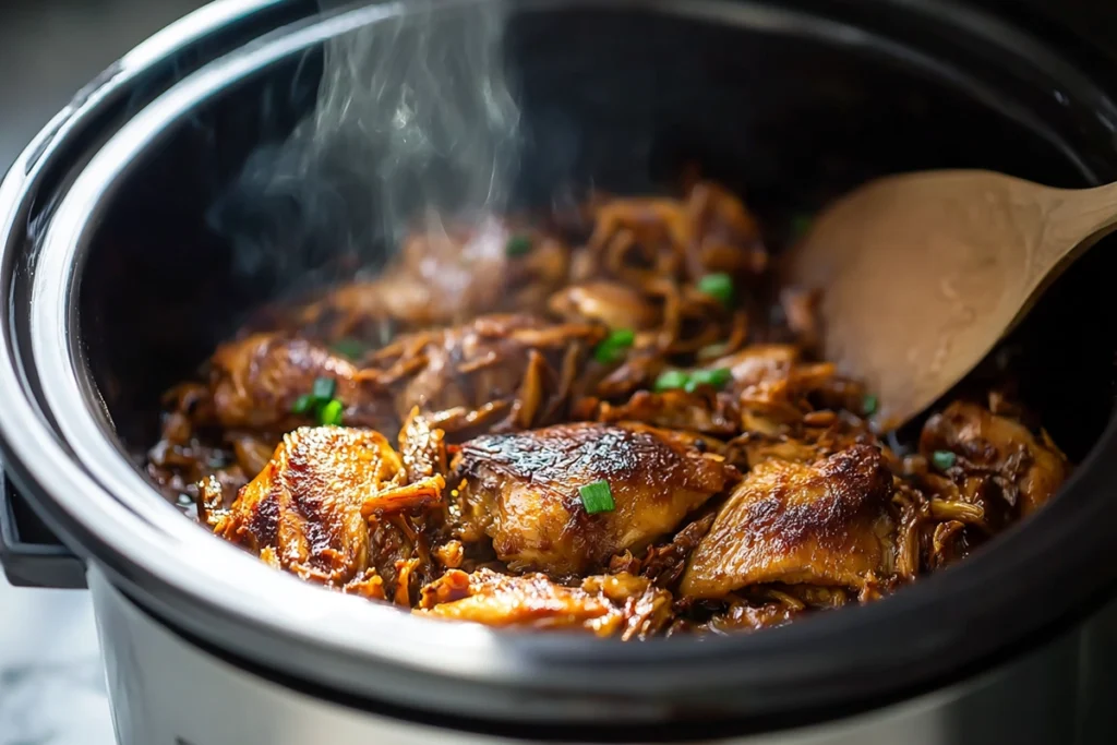 Chicken thighs browning in skillet before slow cooking on clean modern countertop