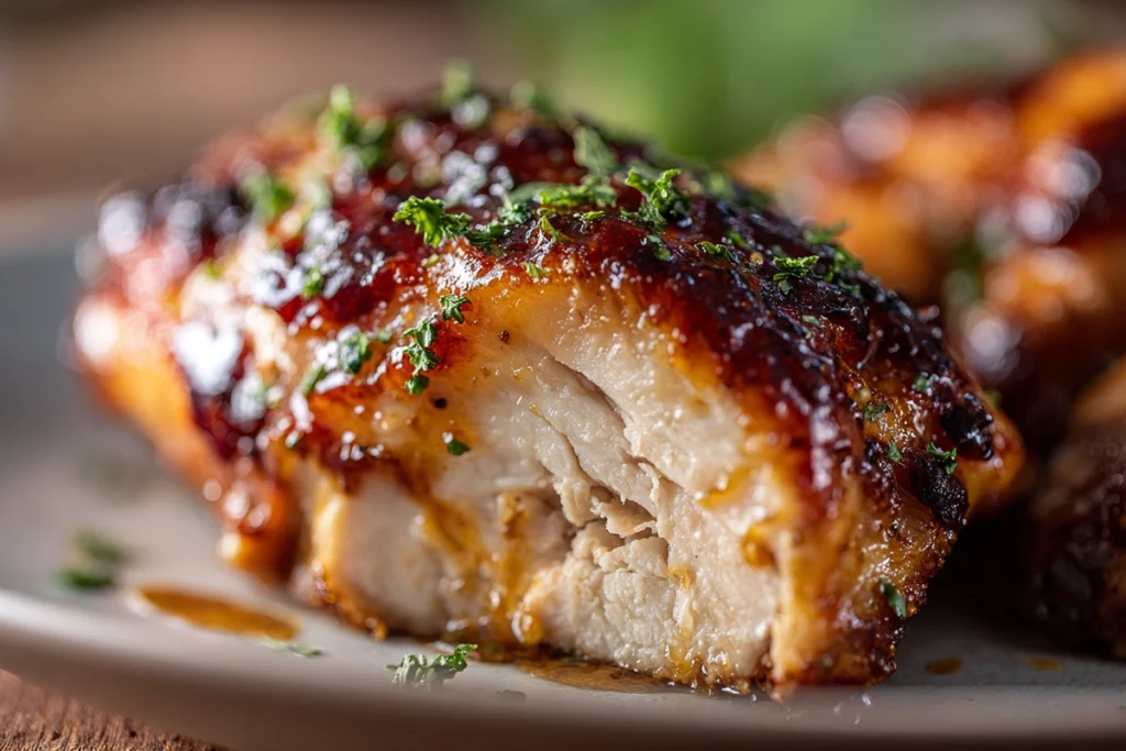 Close-up of slow cooker chicken thigh sliced to show juicy texture and glaze