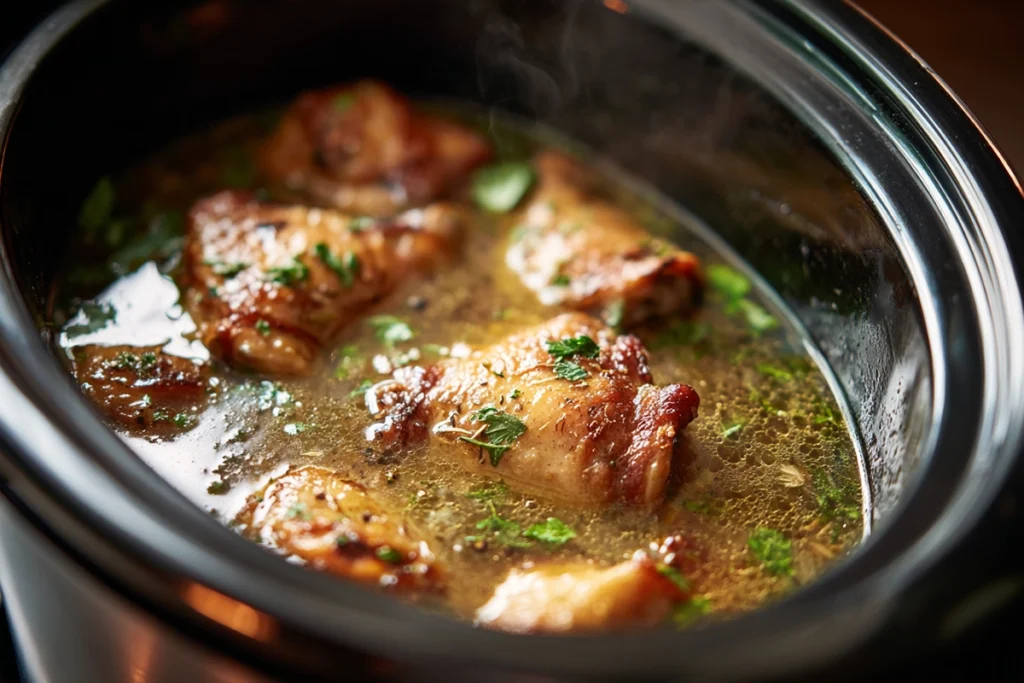 Chicken thighs simmering in slow cooker with broth and herbs