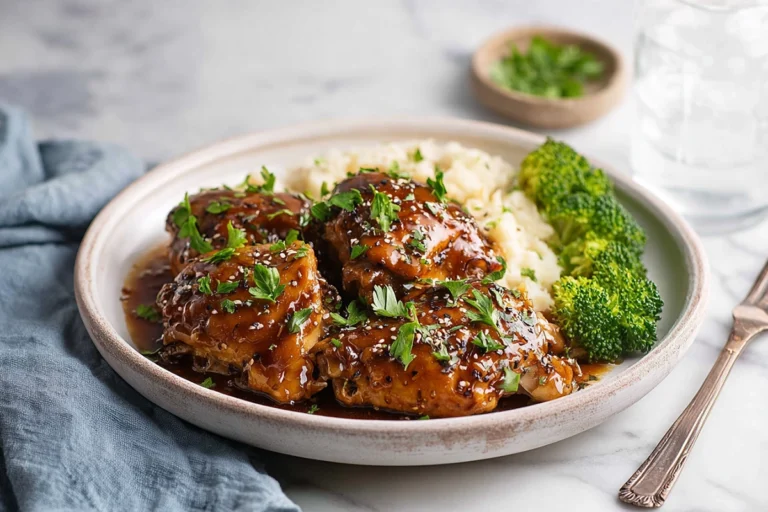 Slow cooker chicken thighs plated with sauce and parsley garnish in modern kitchen