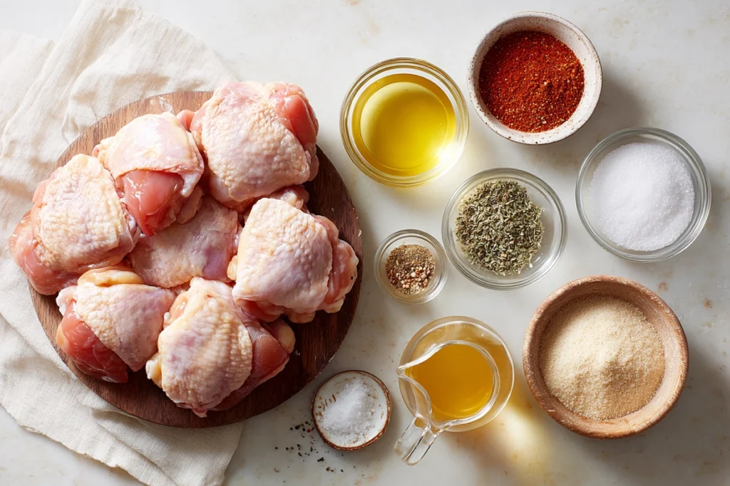 Overhead view of slow cooker chicken thighs ingredients neatly arranged on counter