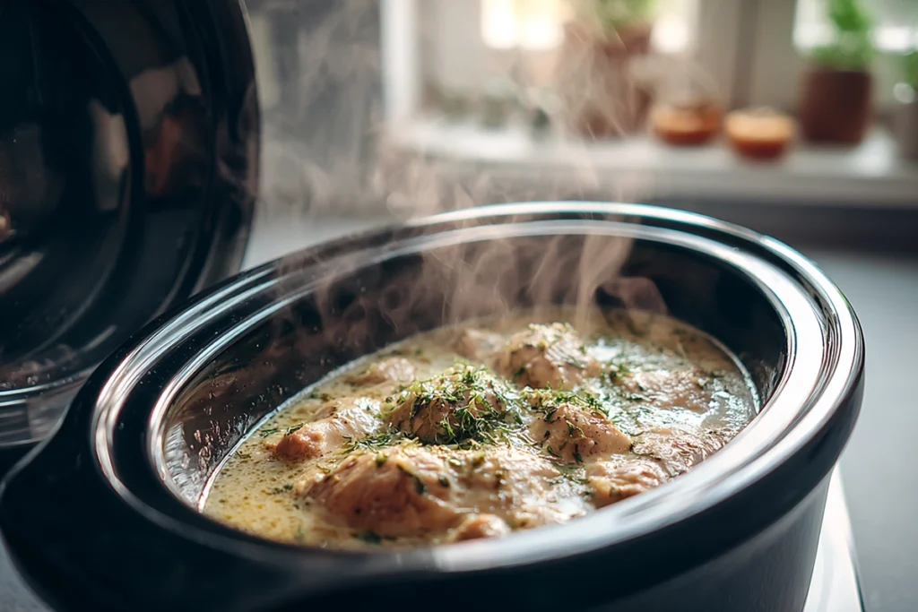 close-up of creamy garlic parmesan chicken simmering in slow cooker with visible herbs and sauce