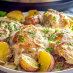 creamy slow cooker garlic parmesan chicken served on a white plate in a modern kitchen