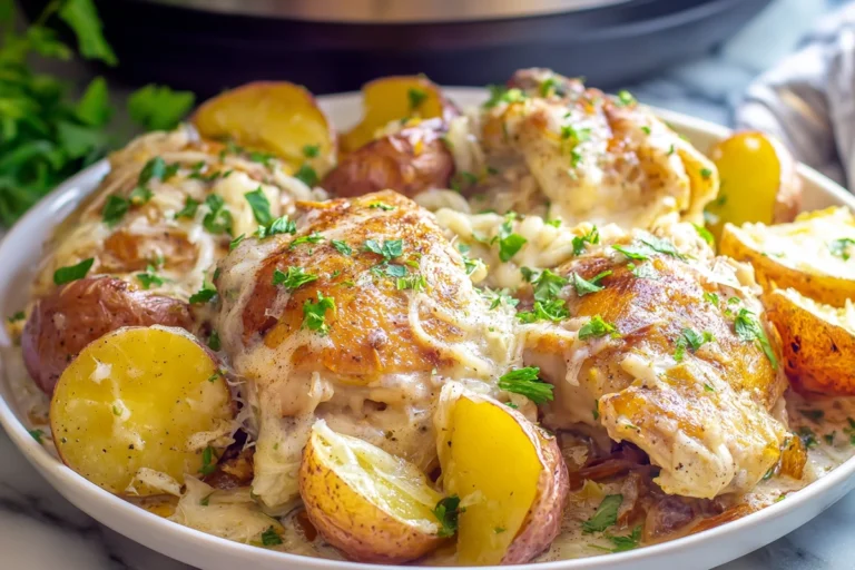 creamy slow cooker garlic parmesan chicken served on a white plate in a modern kitchen