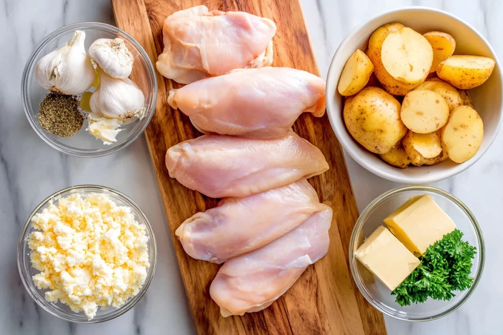 overhead photo of ingredients for slow cooker garlic parmesan chicken arranged in glass bowls on marble countertop