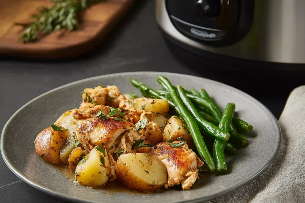 serving slow cooker garlic parmesan chicken over pasta with creamy sauce in modern kitchen