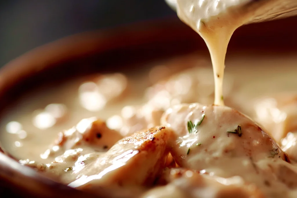 creamy garlic parmesan sauce being poured over chicken in slow cooker under natural daylight