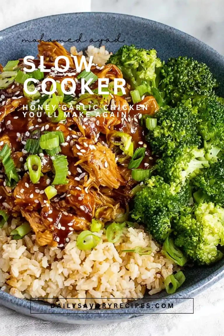Pinterest pin for slow cooker honey garlic chicken recipe with saucy shredded chicken over rice