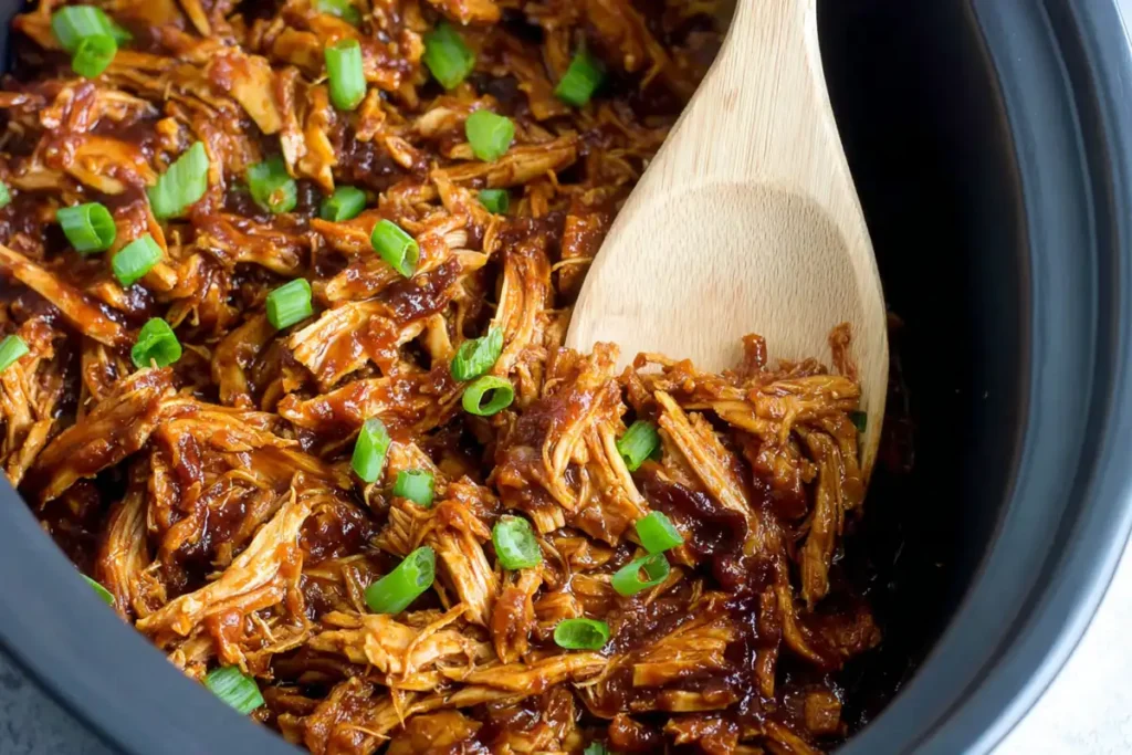 Close-up of Slow Cooker Honey Garlic Chicken coated in thick honey garlic sauce in the slow cooker