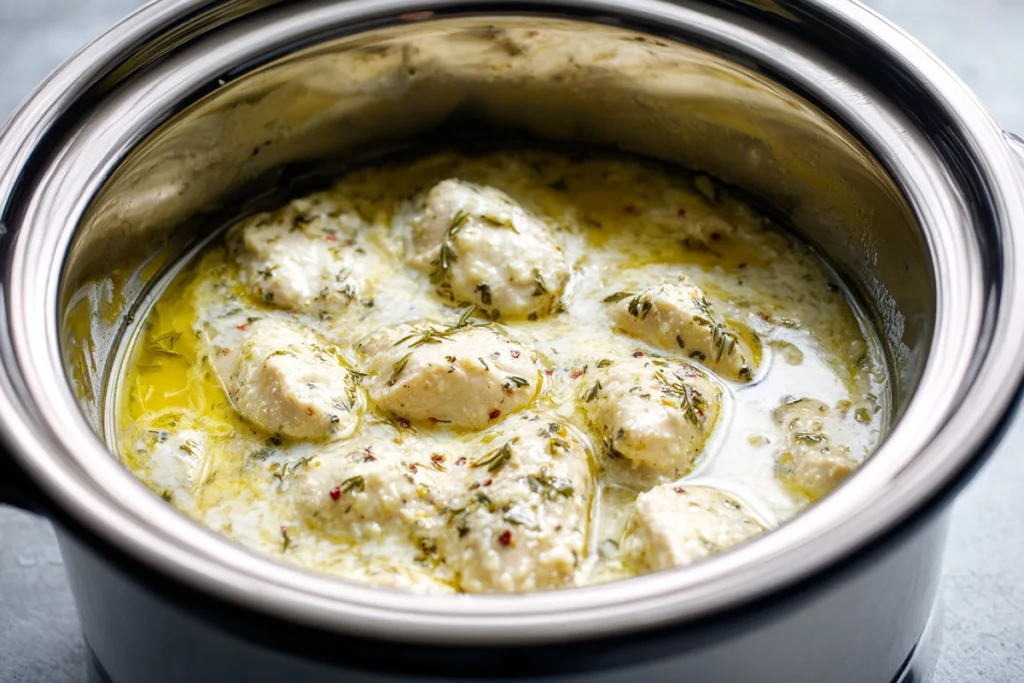 Close-up of slow cooker filled with chicken breasts, cream cheese, and Italian dressing for Olive Garden chicken pasta