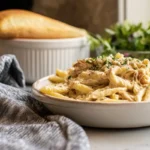 Creamy slow cooker Olive Garden chicken pasta served with parsley garnish on a modern kitchen counter