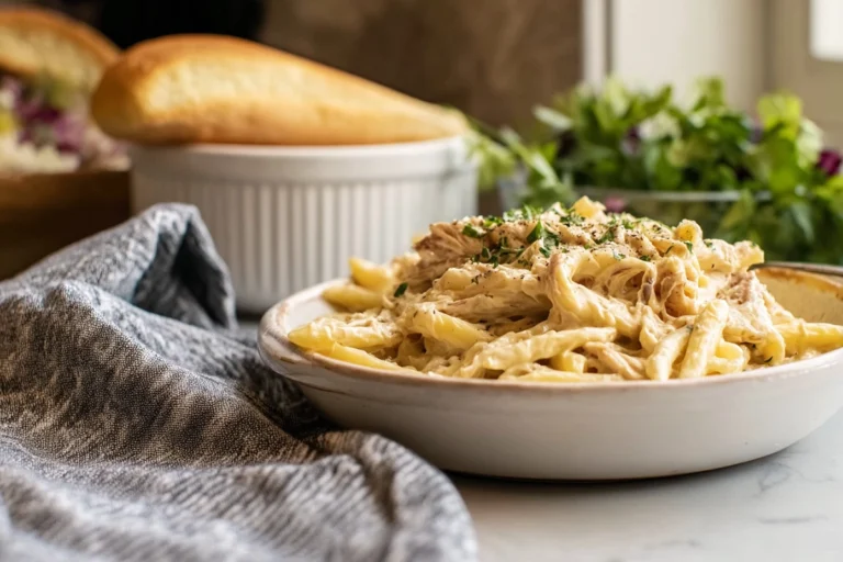 Creamy slow cooker Olive Garden chicken pasta served with parsley garnish on a modern kitchen counter