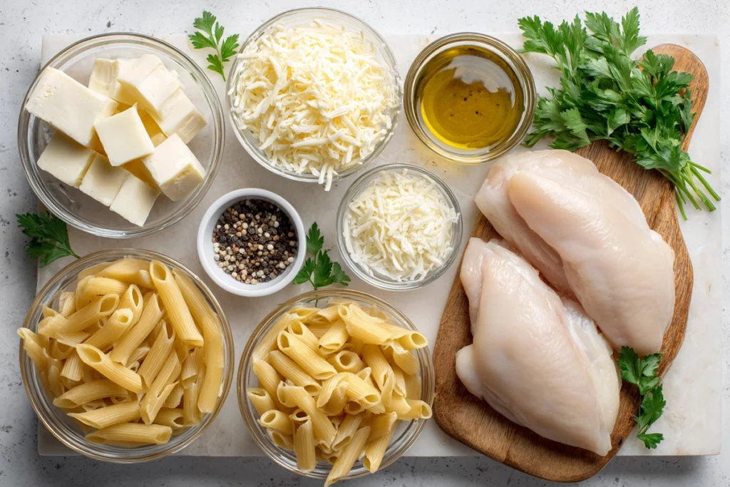 Overhead shot of ingredients for slow cooker Olive Garden chicken pasta including Italian dressing, chicken breasts, Parmesan, and pasta