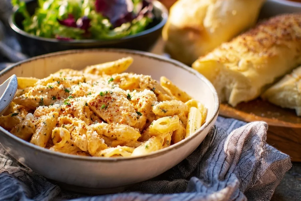 Slow cooker Olive Garden chicken pasta served with garlic bread and salad on a bright kitchen table