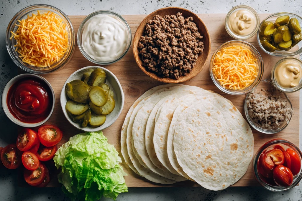 Overhead photo of Smashburger Quesadilla ingredients arranged in bowls and on a wooden board