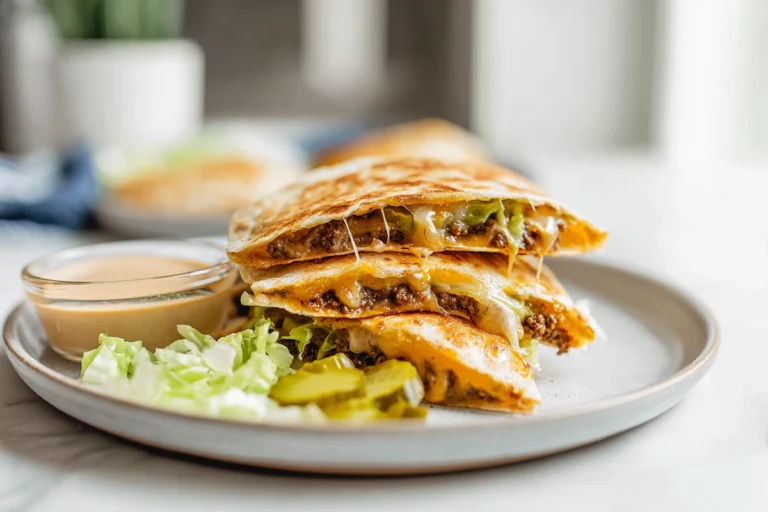 Smashburger Quesadillas served on a white plate with sauce and garnish in a modern kitchen setting