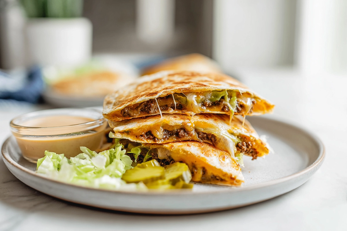 Smashburger Quesadillas served on a white plate with sauce and garnish in a modern kitchen setting