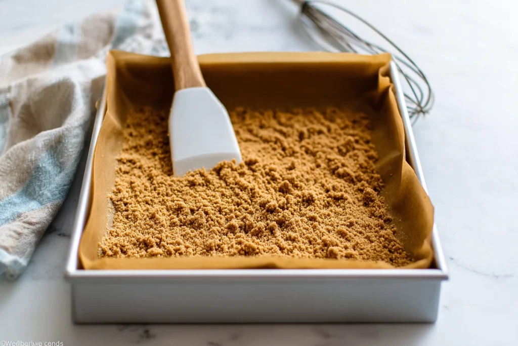 Close-up of graham cracker crust for S’more Bars being pressed into a baking pan on marble counter
