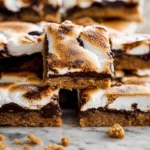 Gooey S’more Bars hero shot with golden marshmallow and melted chocolate layers on marble counter