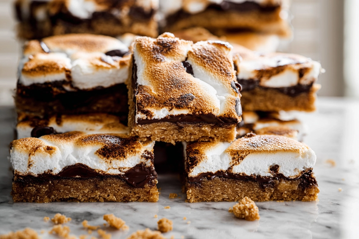 Gooey S’more Bars hero shot with golden marshmallow and melted chocolate layers on marble counter