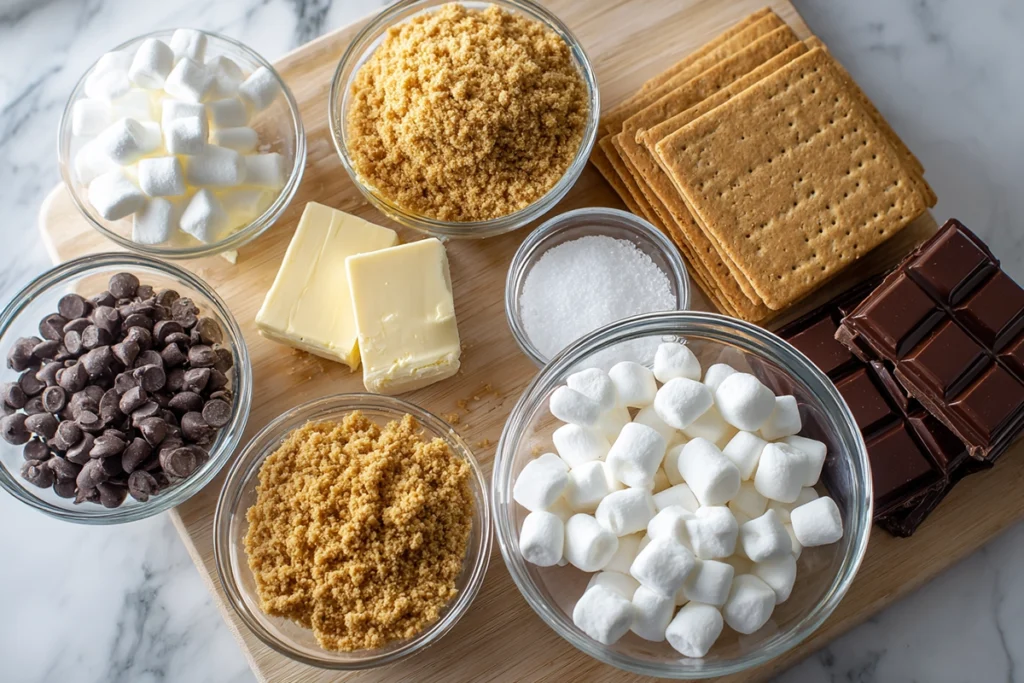 Overhead shot of S’more Bars ingredients including graham crumbs, marshmallows, and chocolate chips in glass bowls