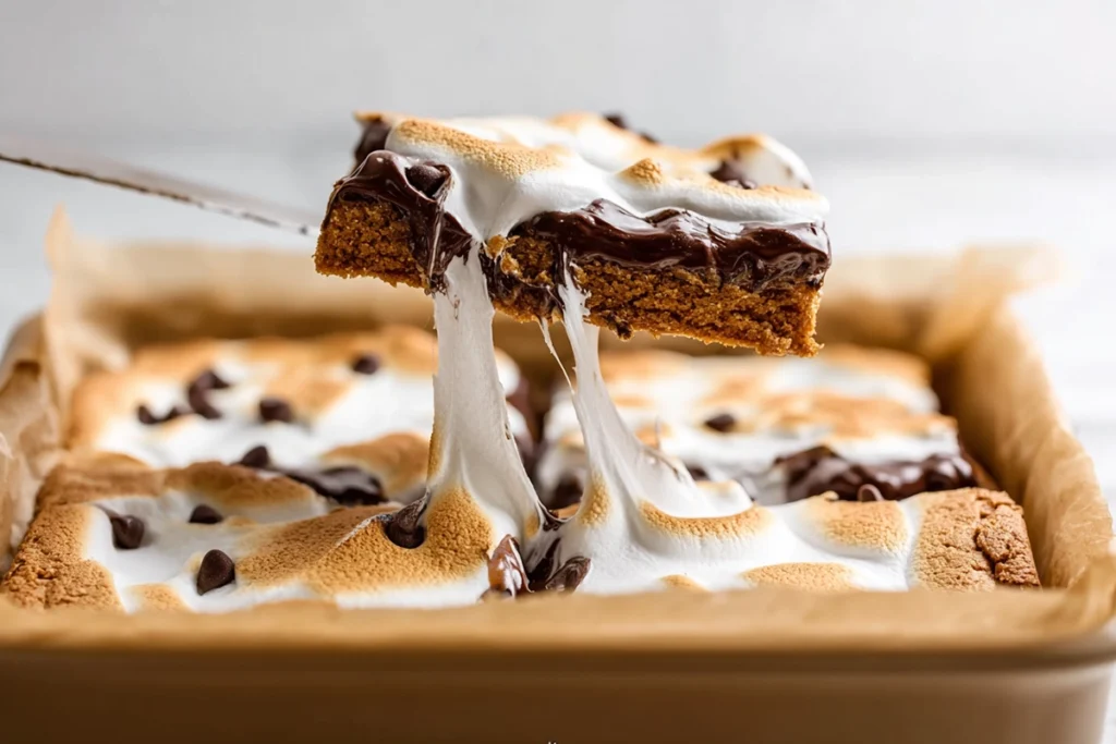 Macro shot of gooey marshmallow and melted chocolate layer in freshly baked S’more Bars