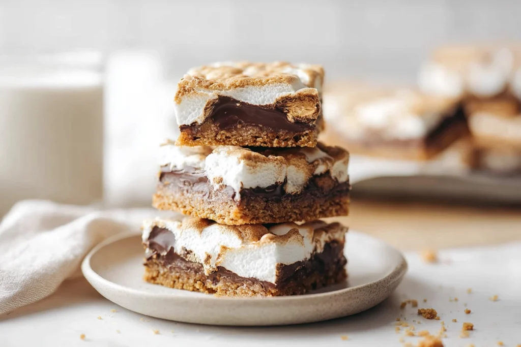 Three stacked S’more Bars on a white plate with visible chocolate and marshmallow layers under natural light