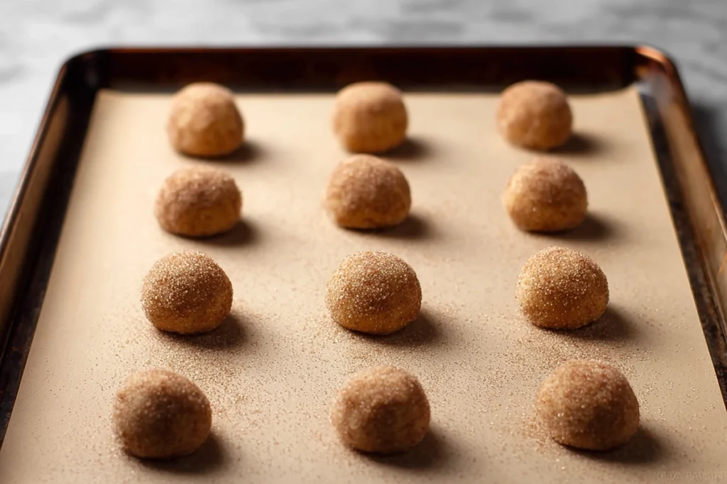 cookie dough balls rolled in cinnamon sugar on parchment-lined baking sheet