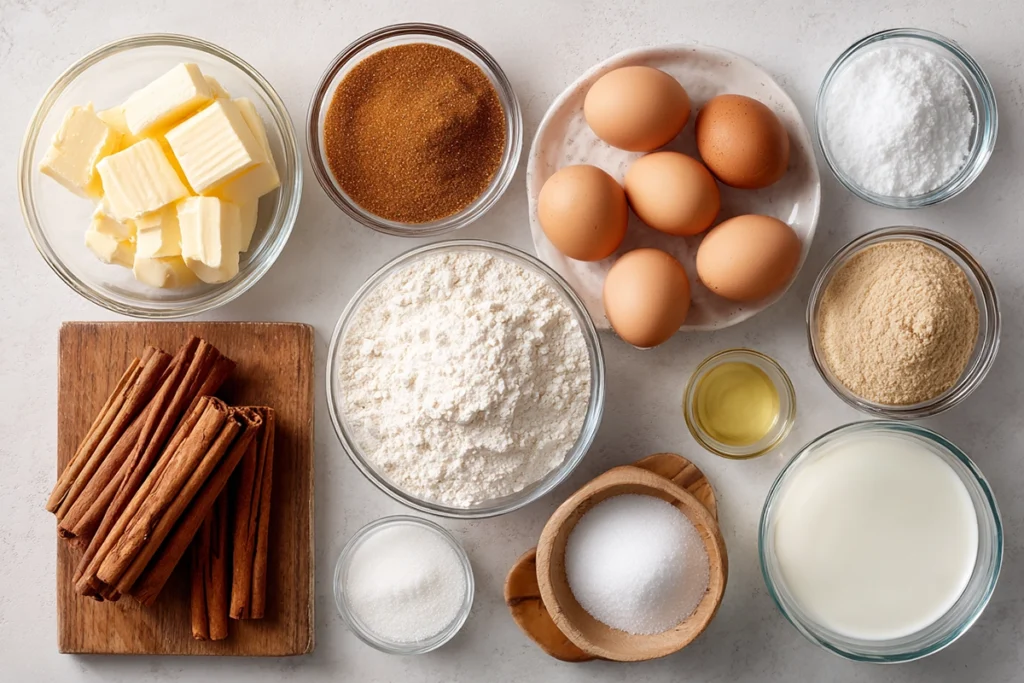 overhead view of snickerdoodle cookie ingredients in glass bowls on marble counter