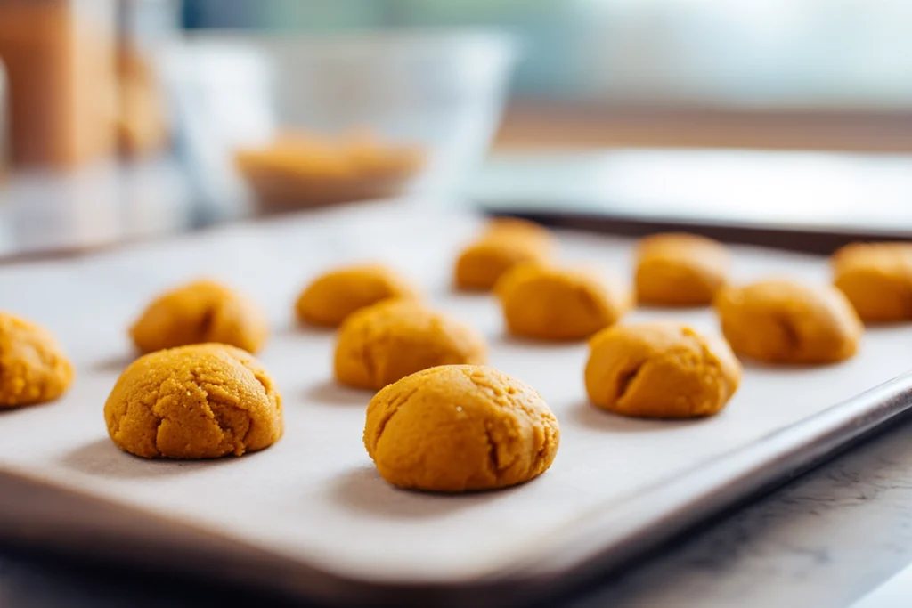 soft pumpkin cookie dough portions on parchment baking sheet in modern kitchen