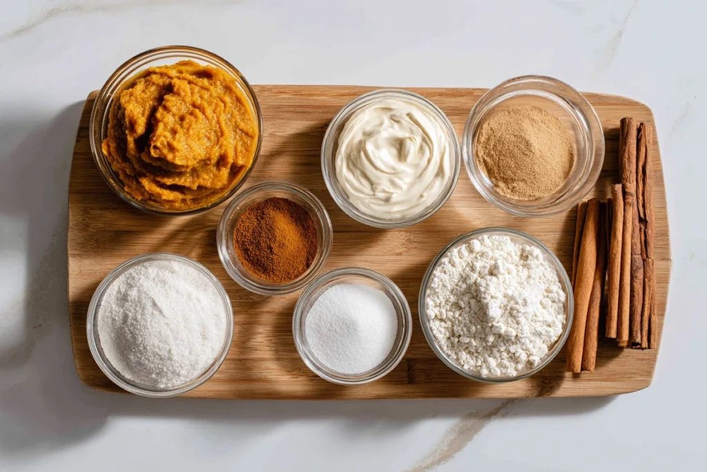 ingredients for soft pumpkin cookies with cinnamon frosting arranged in bowls on wooden board