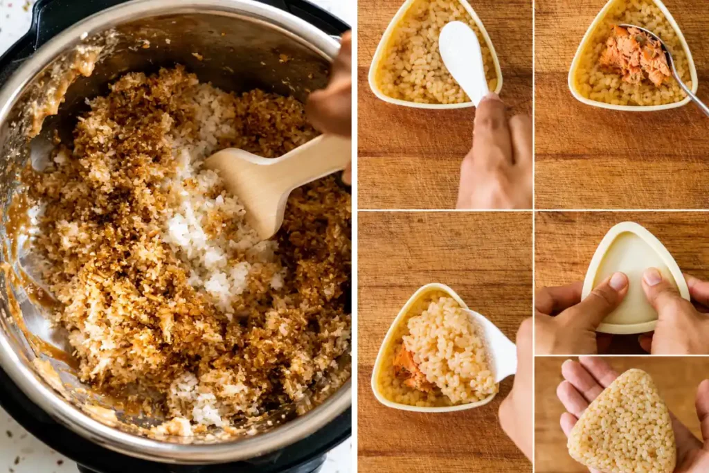 Warm soy-seasoned short-grain rice mixed evenly for Yaki Onigiri