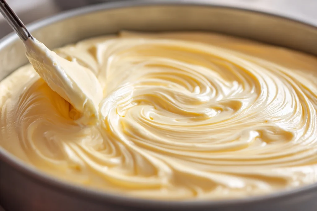 close-up of spreading banana pudding cheesecake filling over crust