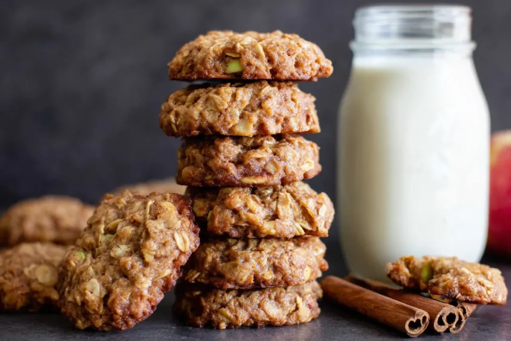 Stacked apple cinnamon oatmeal cookies served with milk on a rustic surface