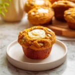 close-up of Starbucks Pumpkin Cream Cheese Muffin with cream cheese center and pepitas