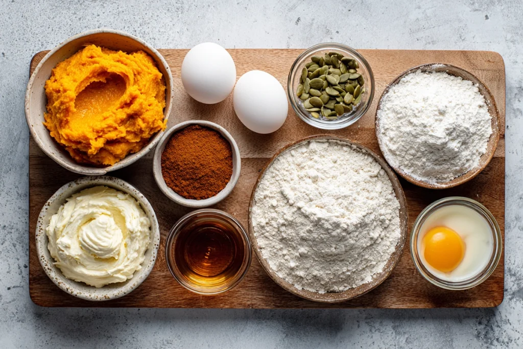 overhead shot of ingredients for Starbucks Pumpkin Cream Cheese Muffins including pumpkin puree and cream cheese