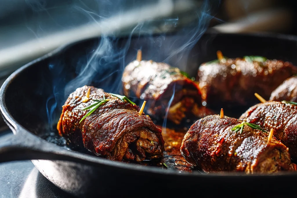 steak meat roll ups sizzling in a cast iron skillet with soft daylight