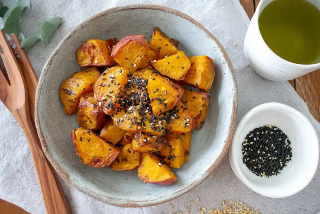 Daigaku Imo (Japanese Candied Sweet Potatoes) at Home 31 Daigaku Imo served in a ceramic bowl with black sesame seeds and green tea