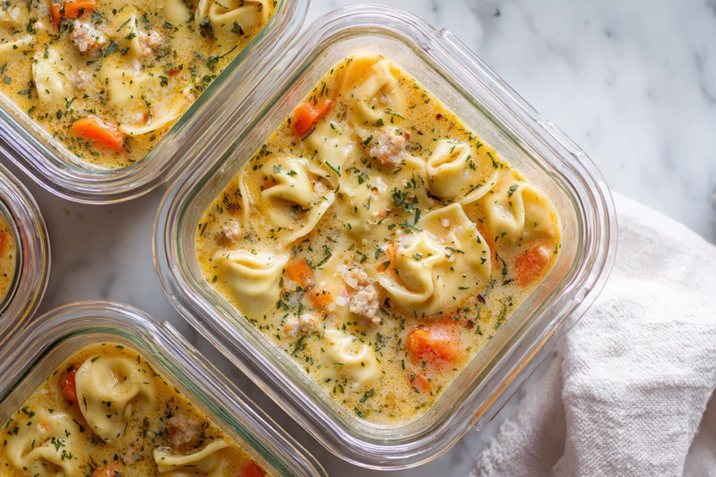 overhead view of leftover crockpot tortellini soup with sausage stored in glass containers