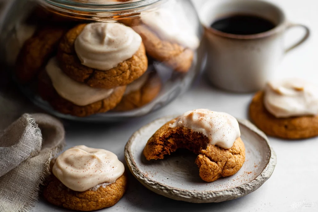 soft pumpkin cookies with cinnamon frosting stored in glass jar beside coffee cup