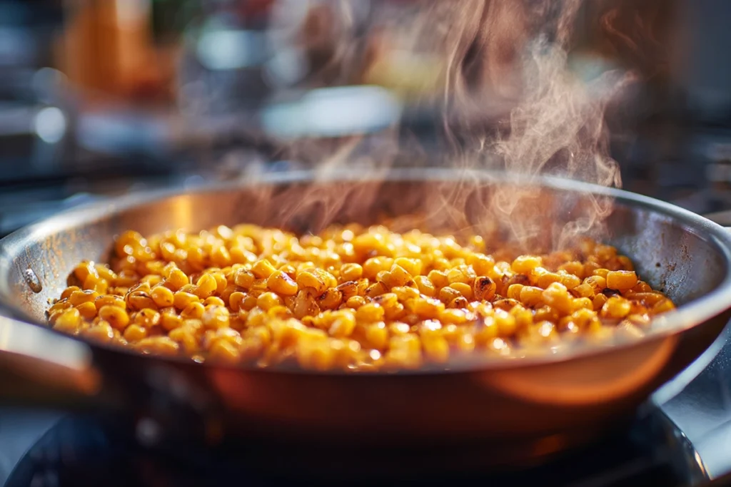 Street Corn Chicken Rice Bowl cooking process with corn kernels charring in a skillet, releasing steam and golden smoky flavor.