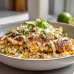Photorealistic image of a Street Corn Chicken Rice Bowl with grilled chicken, charred corn, cilantro-lime rice, and cotija cheese in a bright modern kitchen.