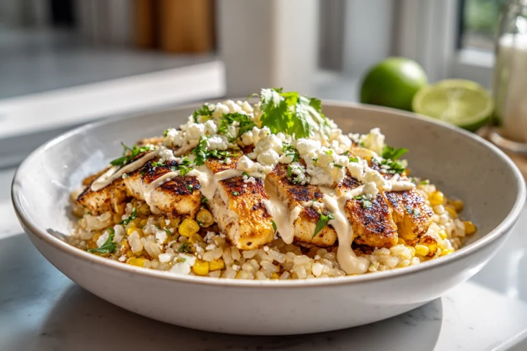 Photorealistic image of a Street Corn Chicken Rice Bowl with grilled chicken, charred corn, cilantro-lime rice, and cotija cheese in a bright modern kitchen.