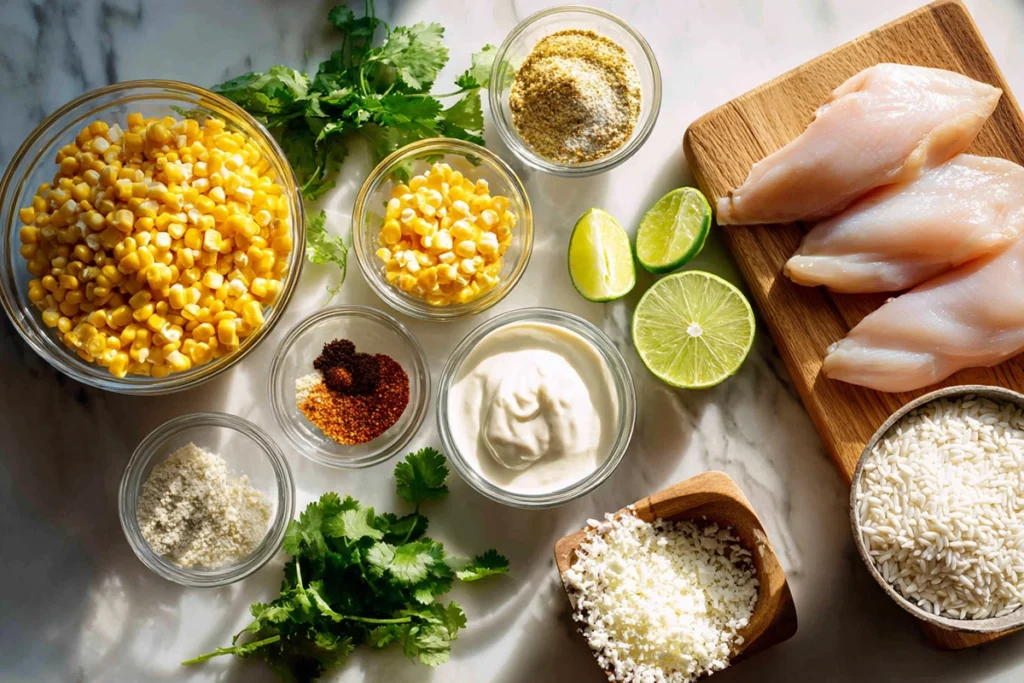 Overhead shot of Street Corn Chicken Rice Bowl ingredients including corn, chicken, rice, cilantro, spices, and lime arranged neatly in a bright kitchen.